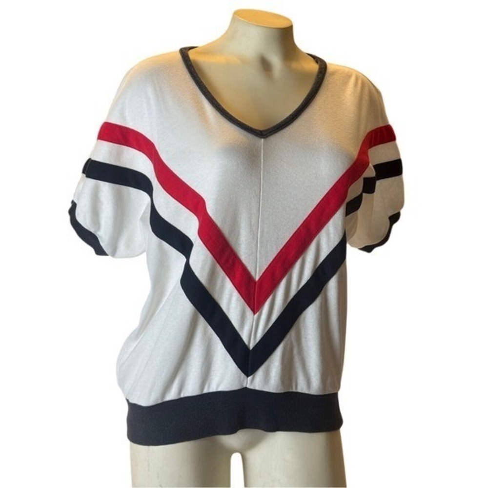Vintage Private-i by Aileen 80s Chevron Stripe V-Neck Top White Red Blue Large